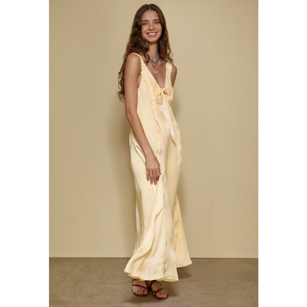 Ciao Lucia Serena Butter Yellow Satin Maxi Dress with Ribbon Tie - Picture 2 of 9